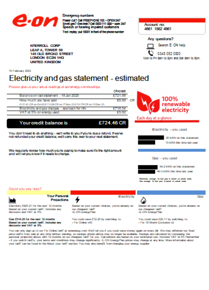 E.ON UK utility business bill, SCR1 PSD template